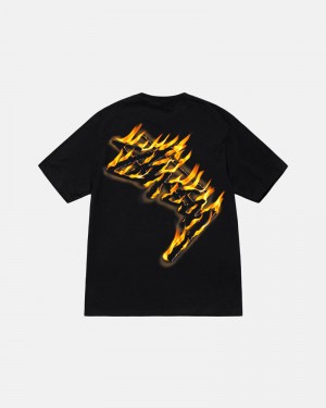 Black Stüssy Burning Stock T-Shirts | USA KZPFTA174