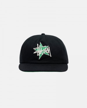 Black Stüssy Mid-Depth Basic Star Strapback Caps | USA QXOVWF057