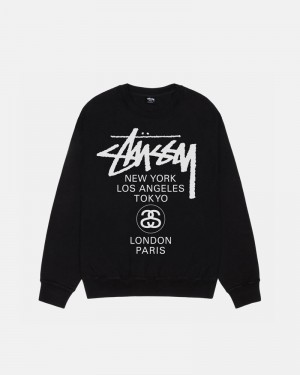 Black Stüssy World Tour Crew Pigment Dyed Sweatshirt | USA XKJONS218