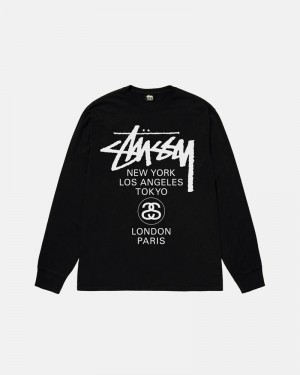 Black Stüssy World Tour LS T-Shirts | USA TZMEHI198