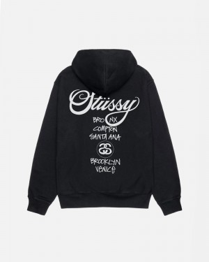 Black Stüssy World Tour Pigment Dyed Hoodie | USA LBEUMJ176