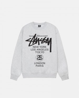 Grey Stüssy World Tour Crew Sweatshirt | USA FKDJRN754