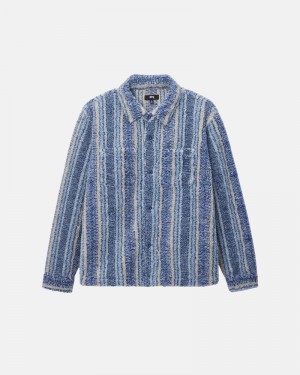 Indigo Stüssy Striped Sherpa Shirts | USA OSVTQH429