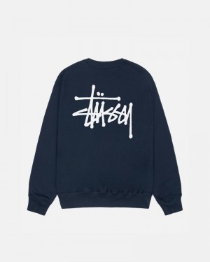 Navy Stüssy Basic Crew Sweatshirt | USA XMKDUT793