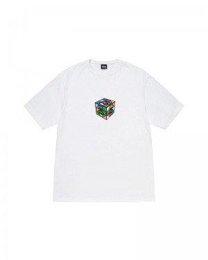 White Stüssy Cube T-Shirts | USA PXQBOT523