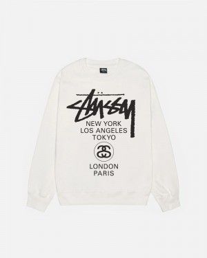 White Stüssy World Tour Crew Pigment Dyed Sweatshirt | USA XLQYEK937