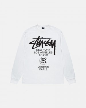 White Stüssy World Tour LS T-Shirts | USA GOJRBD806