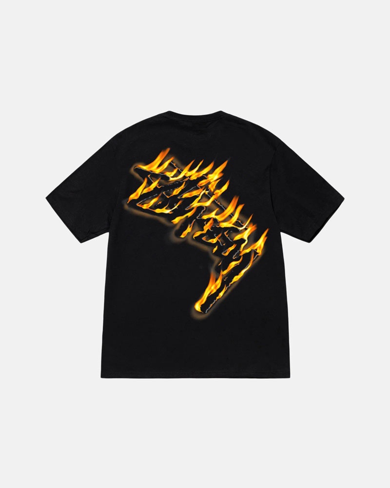 Black Stüssy Burning Stock T-Shirts | USA KZPFTA174