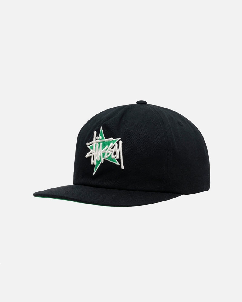 Black Stüssy Mid-Depth Basic Star Strapback Caps | USA QXOVWF057