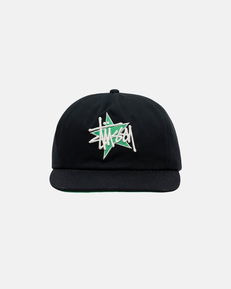 Black Stüssy Mid-Depth Basic Star Strapback Caps | USA QXOVWF057