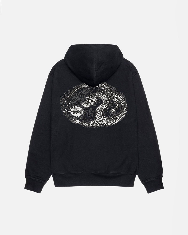 Black Stüssy Mosaic Dragon Pigment Dyed Hoodie | USA NQGFAT340