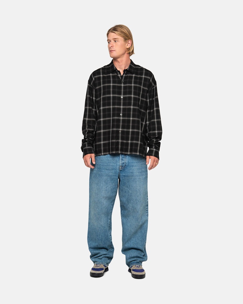 Black Stüssy Shadow Plaid Rayon Shirts | USA PFUSXT982