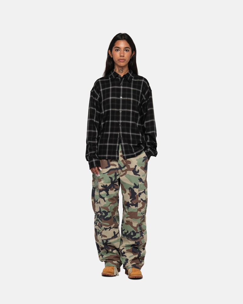 Black Stüssy Shadow Plaid Rayon Shirts | USA PFUSXT982