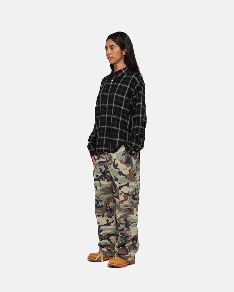 Black Stüssy Shadow Plaid Rayon Shirts | USA PFUSXT982