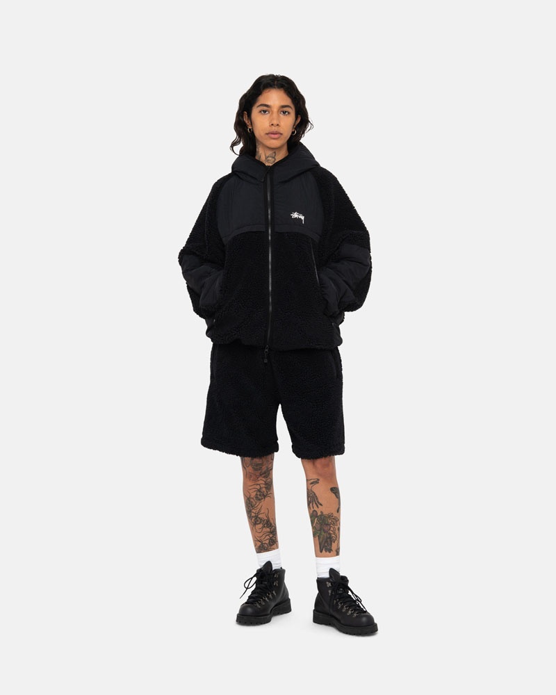 Black Stüssy Sherpa Paneled Hooded Jacket | USA CXGOUD809