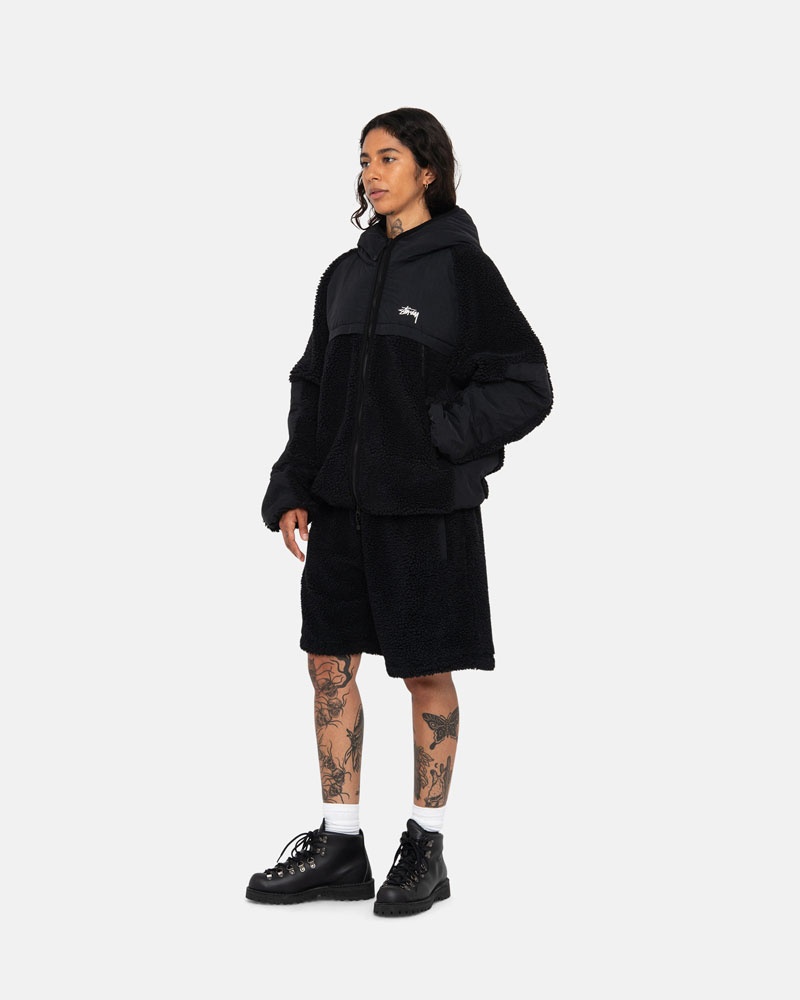 Black Stüssy Sherpa Paneled Hooded Jacket | USA CXGOUD809