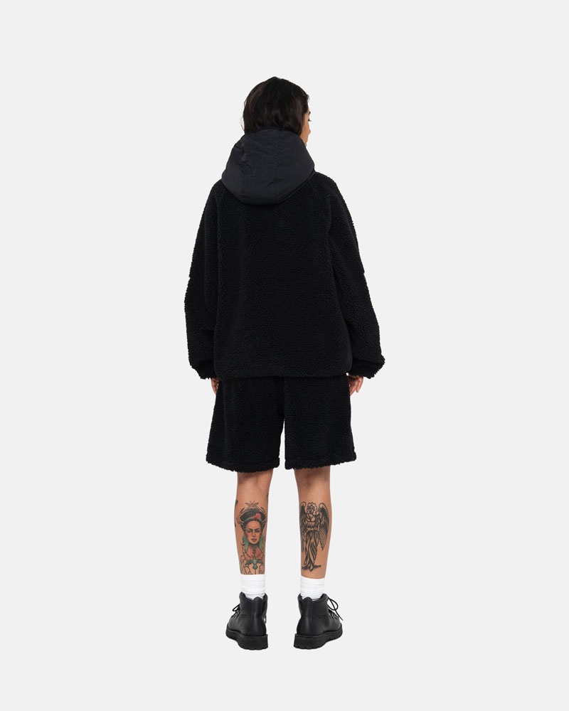 Black Stüssy Sherpa Paneled Hooded Jacket | USA CXGOUD809