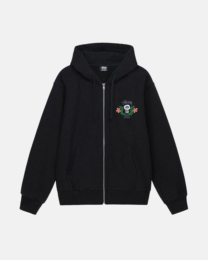 Black Stüssy Skull Crest Zip Hoodie | USA FQIURP267