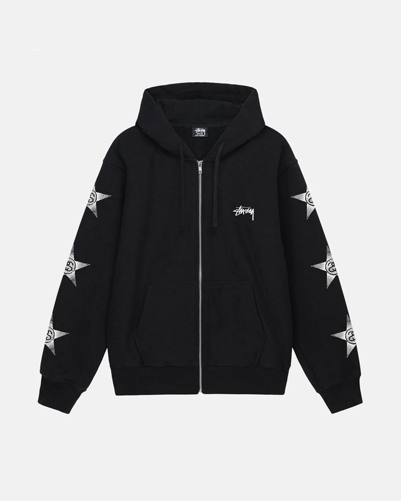 Black Stüssy Stars Zip Hoodie | USA HKMYWF256