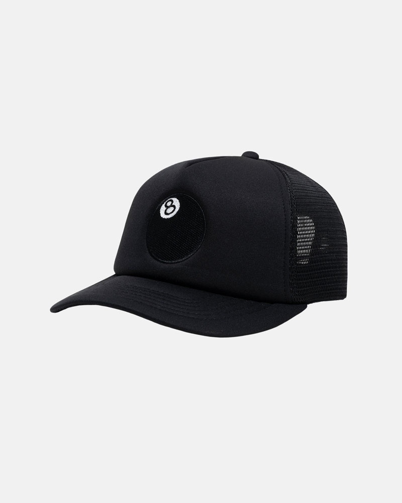 Black Stüssy Trucker 8 Ball Snapback Caps | USA KMVNCL075