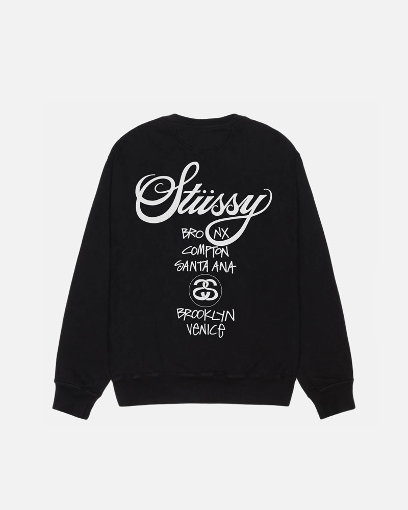 Black Stüssy World Tour Crew Pigment Dyed Sweatshirt | USA XKJONS218