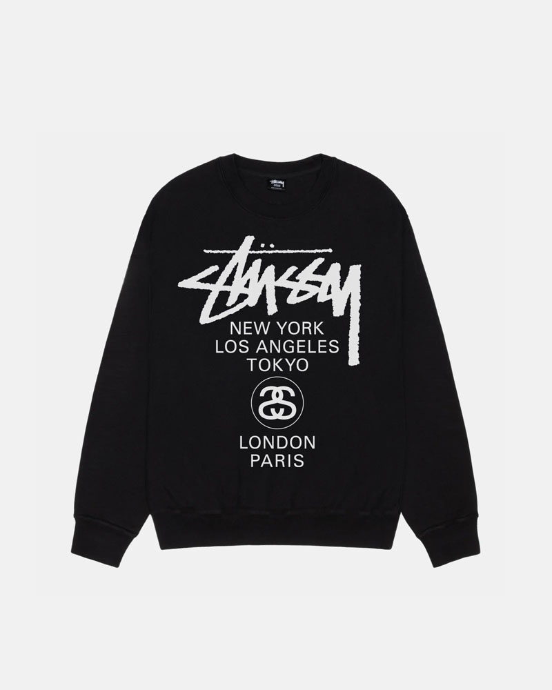 Black Stüssy World Tour Crew Pigment Dyed Sweatshirt | USA XKJONS218