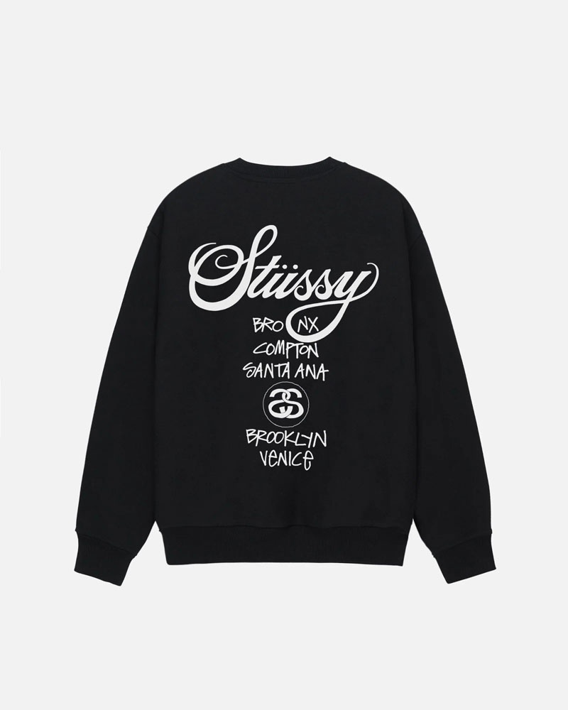 Black Stüssy World Tour Crew Sweatshirt | USA TJUXAY943