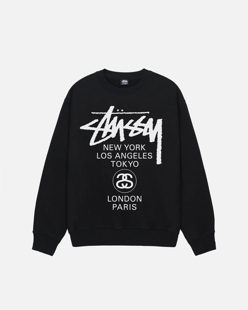 Black Stüssy World Tour Crew Sweatshirt | USA TJUXAY943