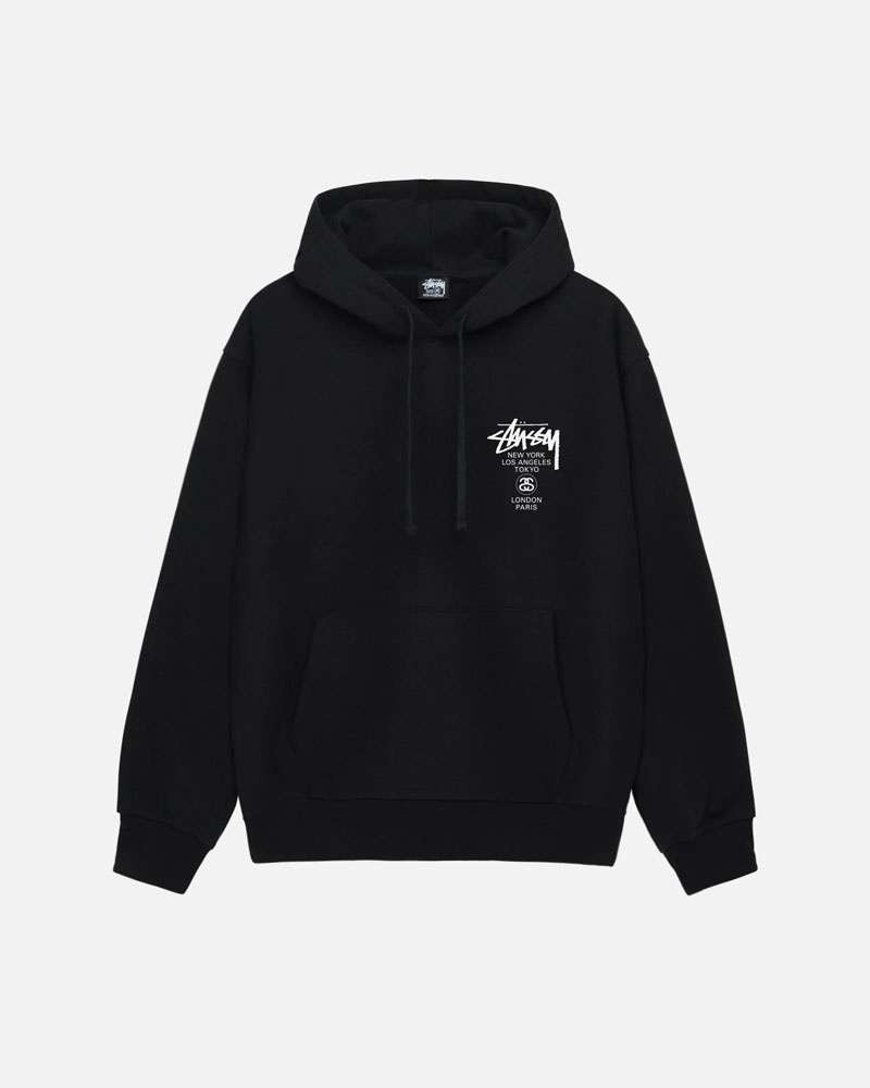 Black Stüssy World Tour Hoodie | USA IPFTVY280