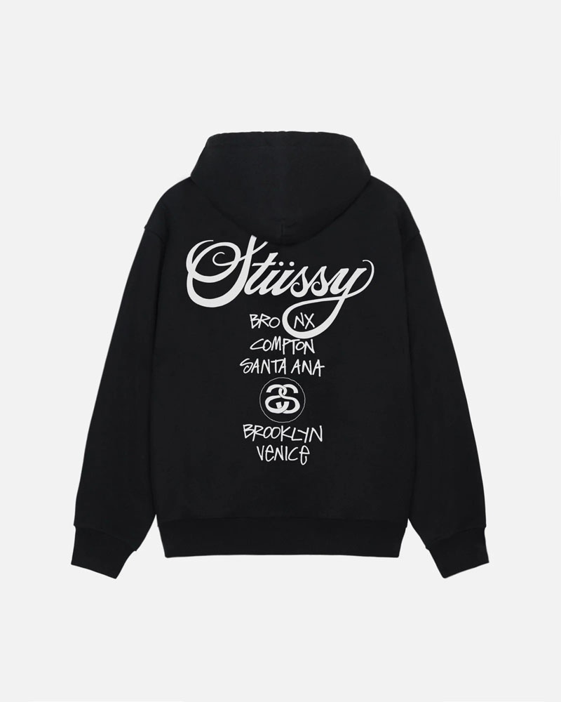 Black Stüssy World Tour Hoodie | USA IPFTVY280