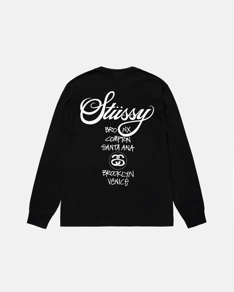 Black Stüssy World Tour LS T-Shirts | USA TZMEHI198