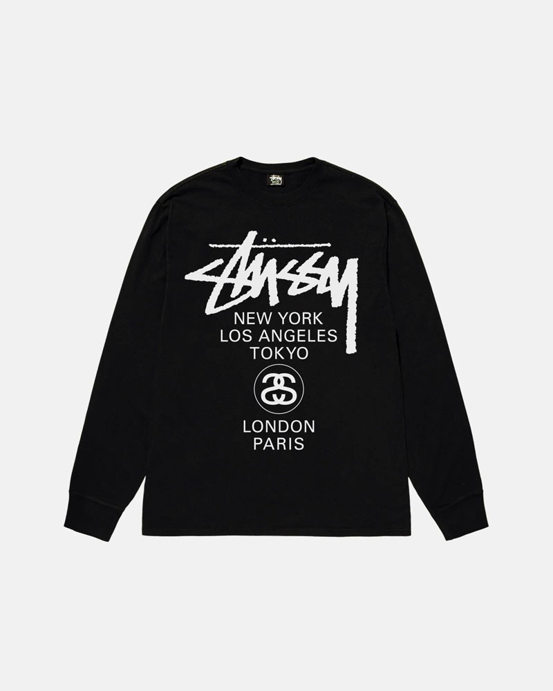 Black Stüssy World Tour LS T-Shirts | USA TZMEHI198