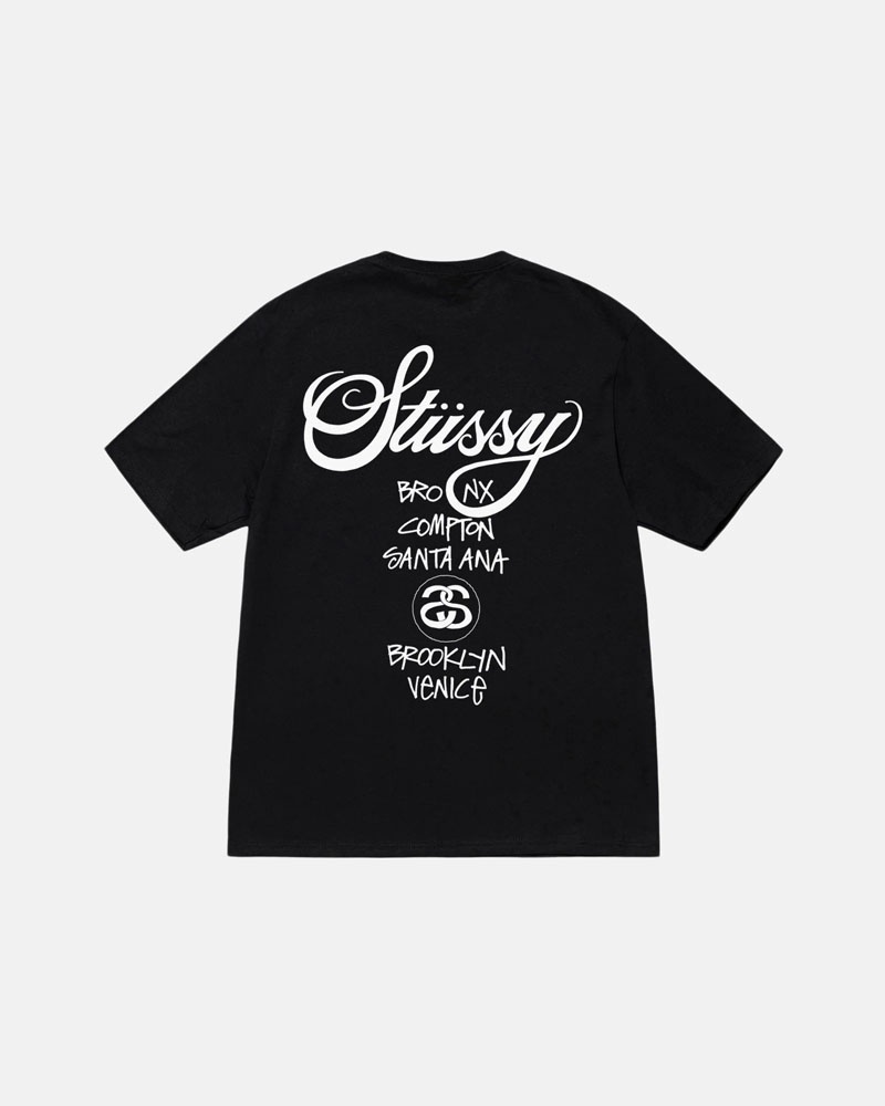 Black Stüssy World Tour T-Shirts | USA LJVURE967