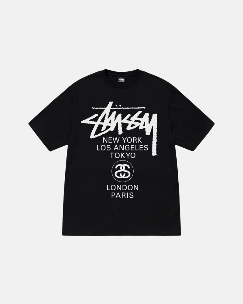 Black Stüssy World Tour T-Shirts | USA LJVURE967