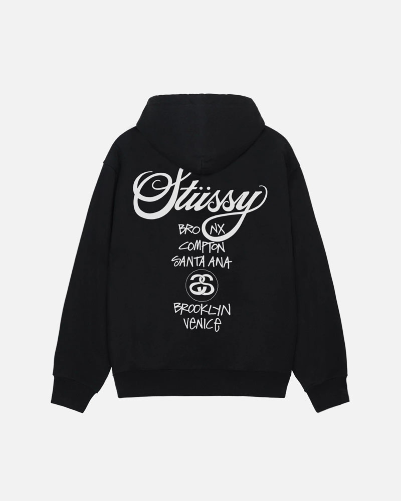 Black Stüssy World Tour Zip Hoodie | USA HFNBJE834