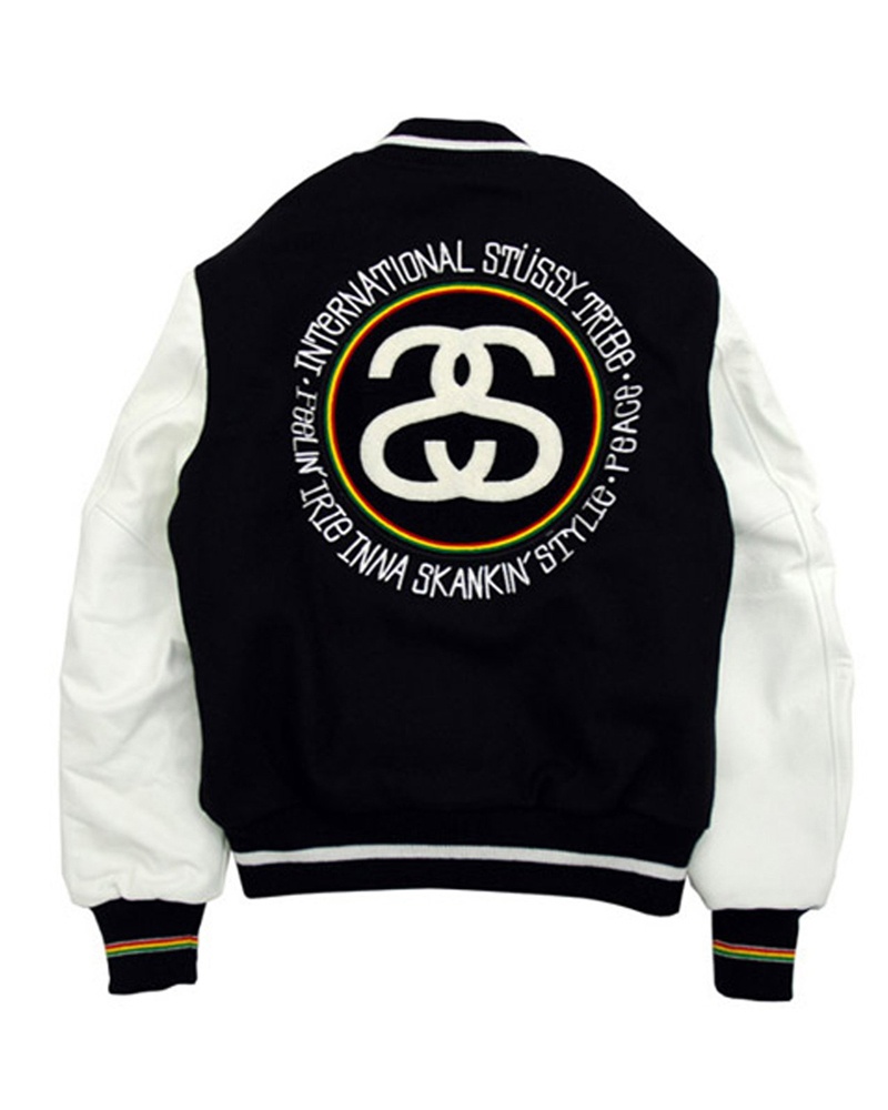 Black White Stüssy International Tribe Varsity Jacket | USA PKROGJ942