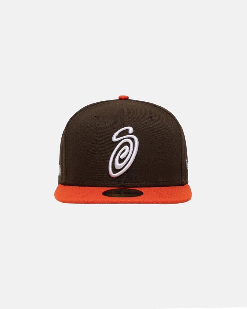 Brown Orange Stüssy New Era 59Fifty Curly S Caps | USA VQFZAP504