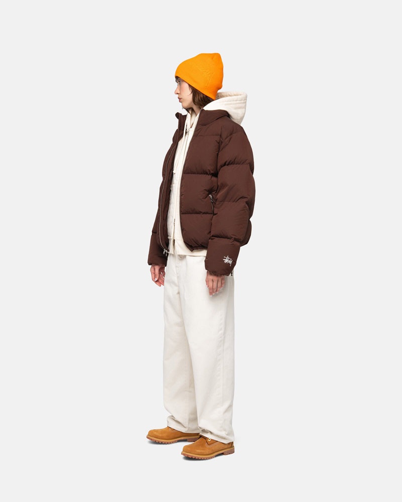 Brown Stüssy Down Puffer Nylon Jacket | USA GJQOAM591