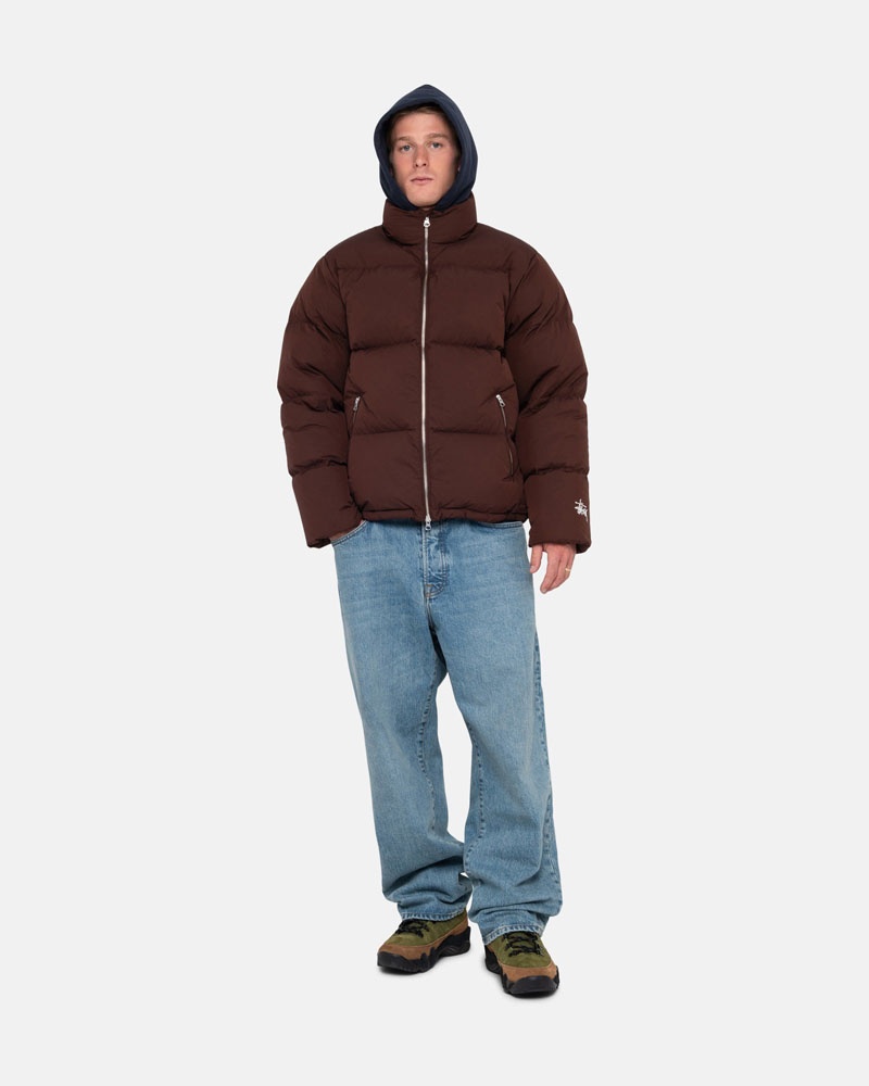 Brown Stüssy Down Puffer Nylon Jacket | USA GJQOAM591