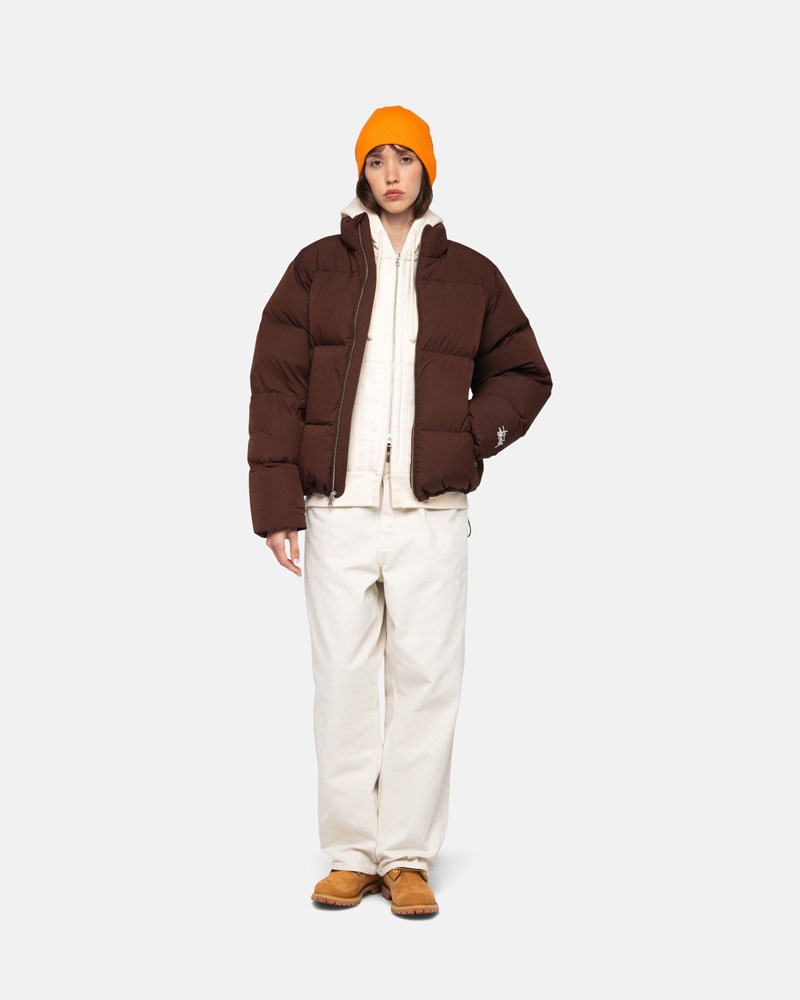 Brown Stüssy Down Puffer Nylon Jacket | USA GJQOAM591