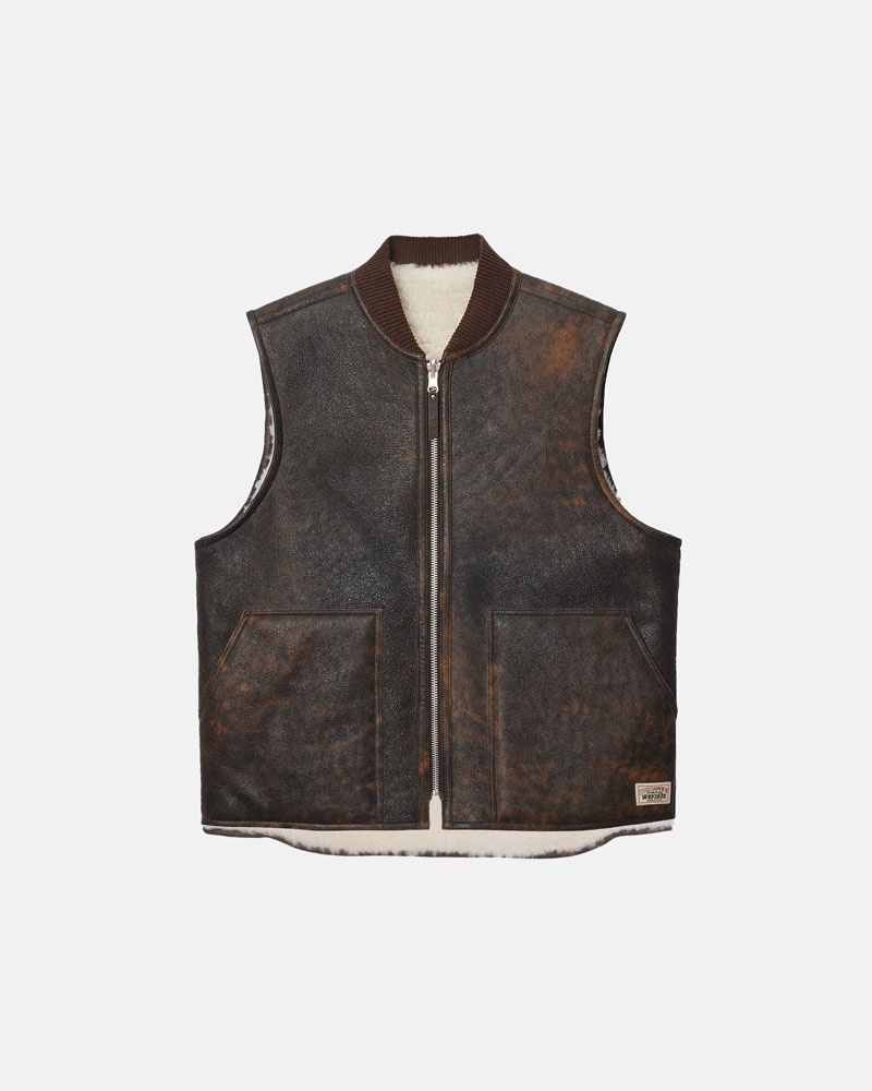 Brown Stüssy Reversible Shearling Workgear Vest | USA DRZWTN476