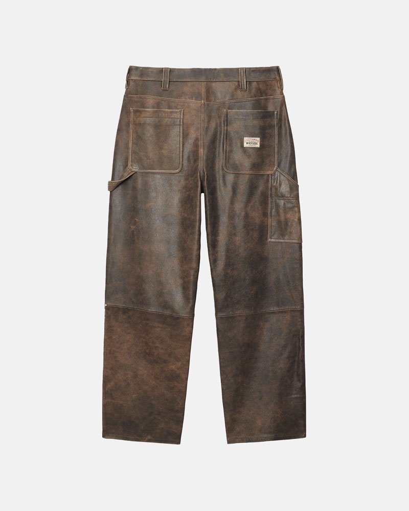 Brown Stüssy Work Distressed Leather Pants | USA NDZIGP630