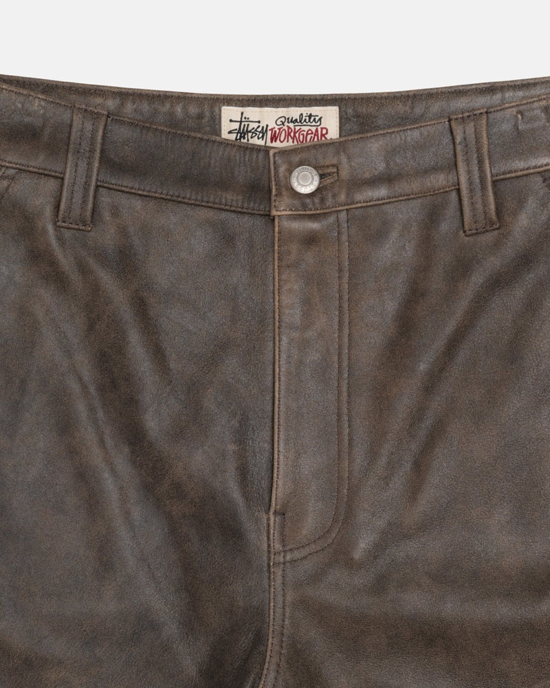 Brown Stüssy Work Distressed Leather Pants | USA NDZIGP630