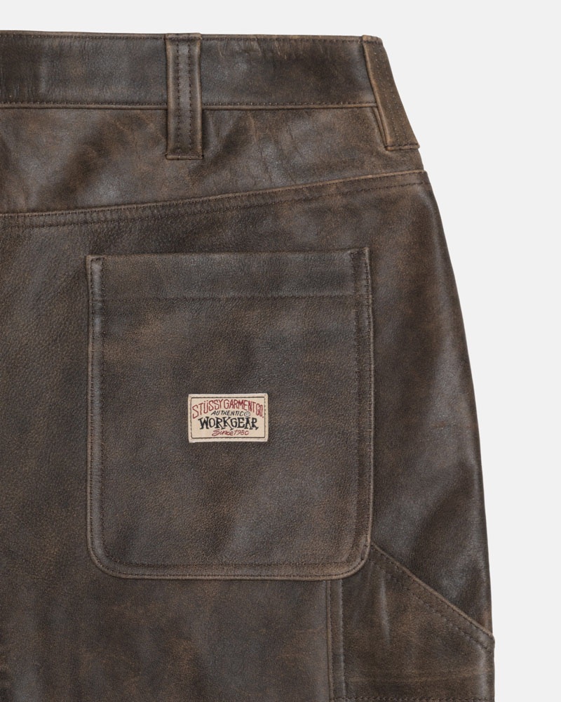 Brown Stüssy Work Distressed Leather Pants | USA NDZIGP630