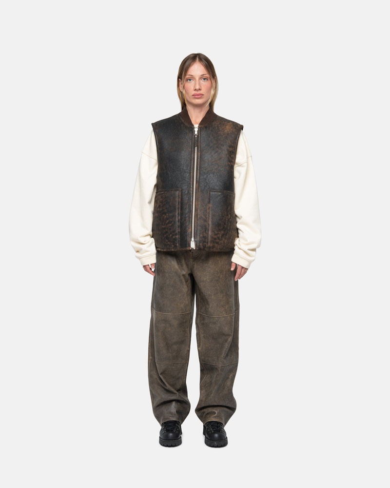 Brown Stüssy Work Distressed Leather Pants | USA NDZIGP630