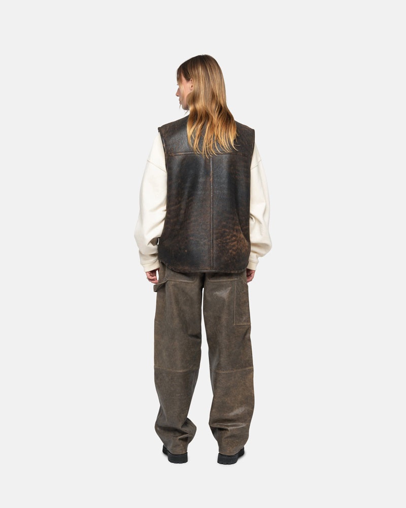 Brown Stüssy Work Distressed Leather Pants | USA NDZIGP630