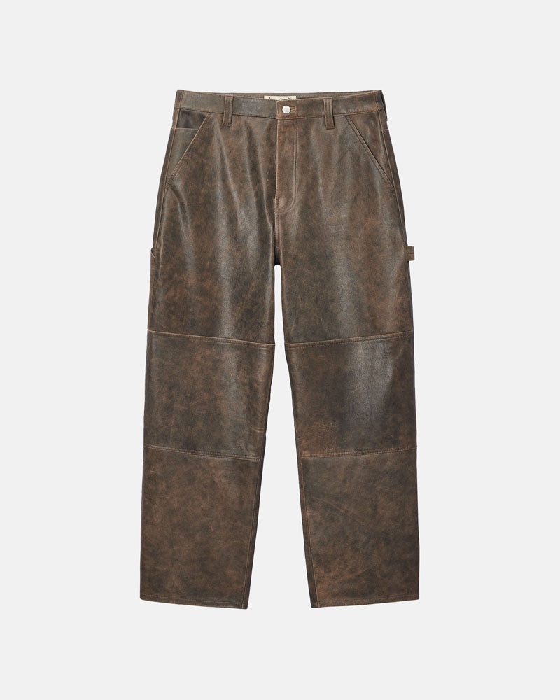 Brown Stüssy Work Distressed Leather Pants | USA NDZIGP630