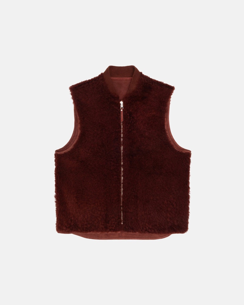 Burgundy Stüssy Reversible Shearling Workgear Vest | USA NJGSWK806