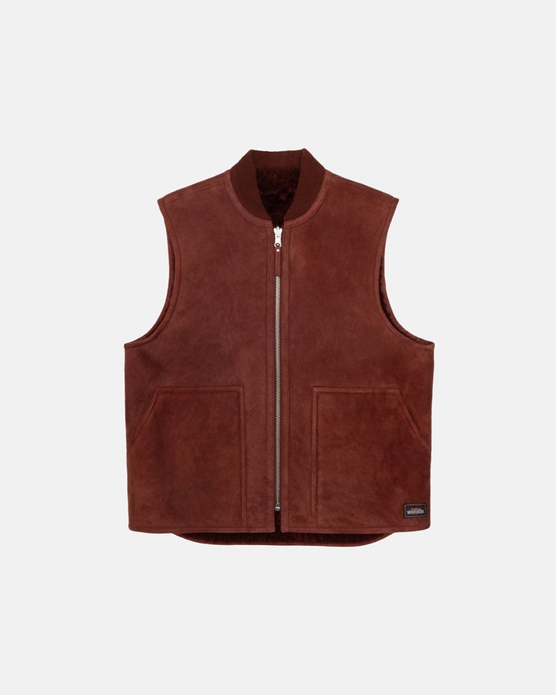 Burgundy Stüssy Reversible Shearling Workgear Vest | USA NJGSWK806