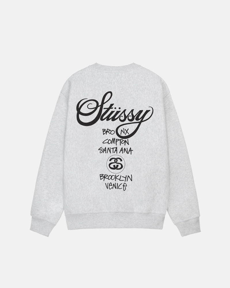 Grey Stüssy World Tour Crew Sweatshirt | USA FKDJRN754